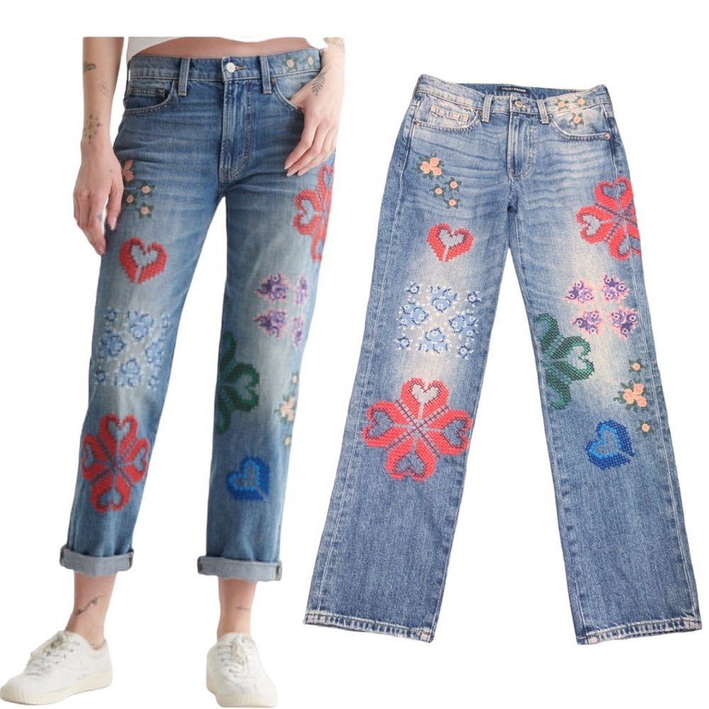 Lucky Brand mid rise‎ boy jean 90s embroidered cross stitch sz00 24. NWOT